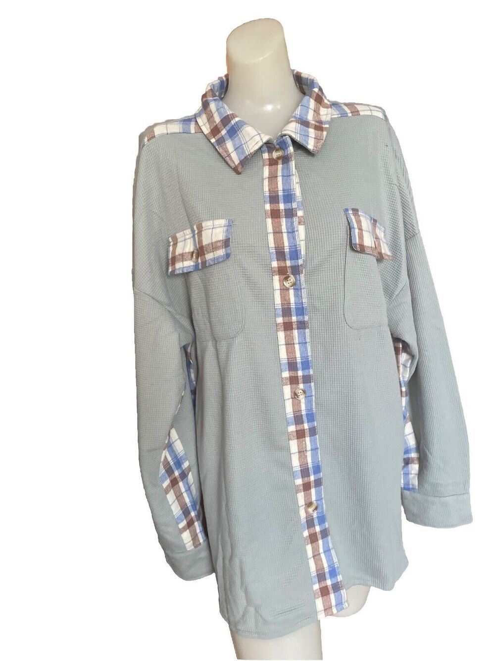 Womens Waffle Knit Plaid Shacket Button Down Shirt Jacket Loose Long Sleeve XL